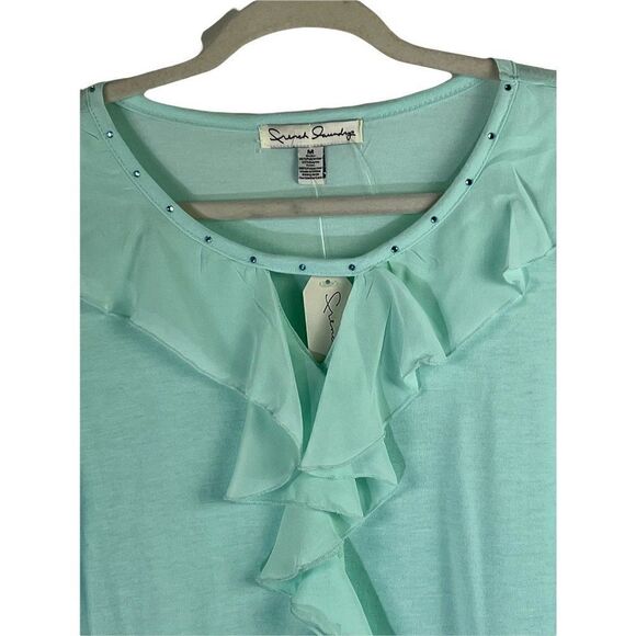 French Laundry Top Medium Blue Aqua Women Ruffle 3/4 Sleeve Colorful Sparkle New - Picture 2 of 5